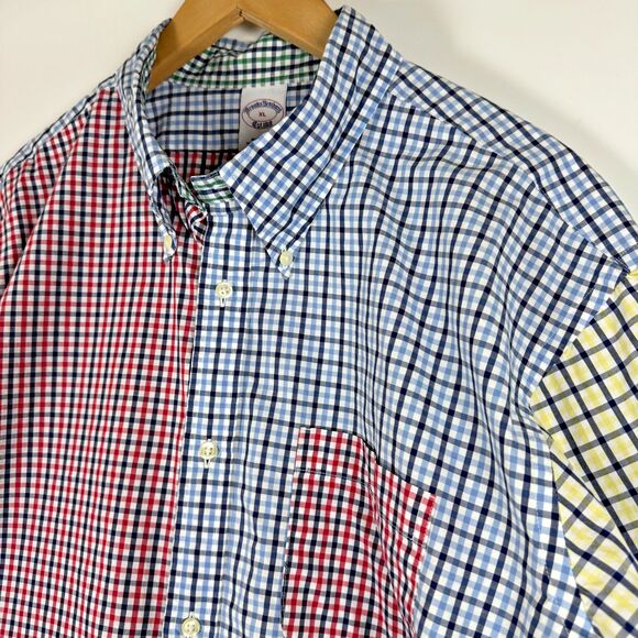 Brooks Brothers Mens XL Patchwork Check Button Down Shirt Multicolor Gingham - Picture 3 of 16
